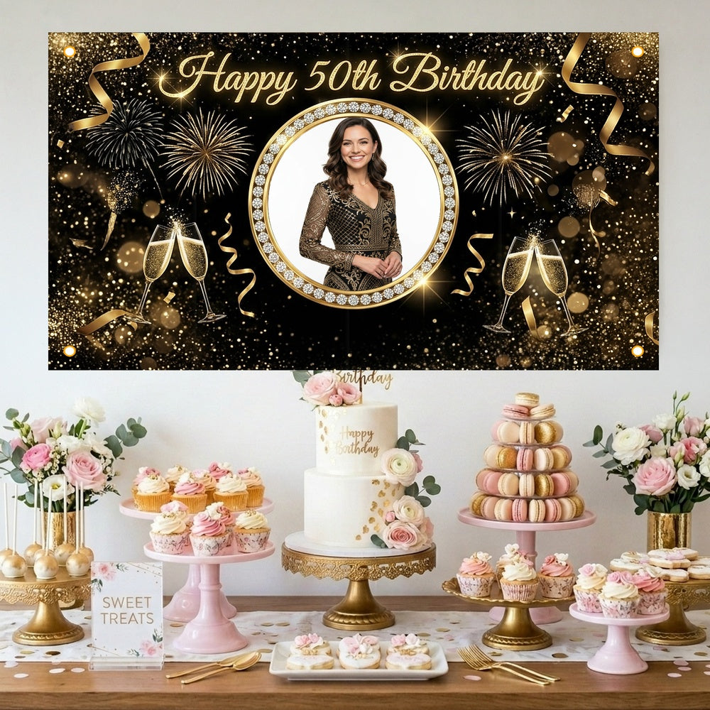 Custom Photo Birthday Banner, Personalized Picture Frame Sign, Elegant Black & Gold 50th Happy Birthday Backdrop, Large 71"x43"
