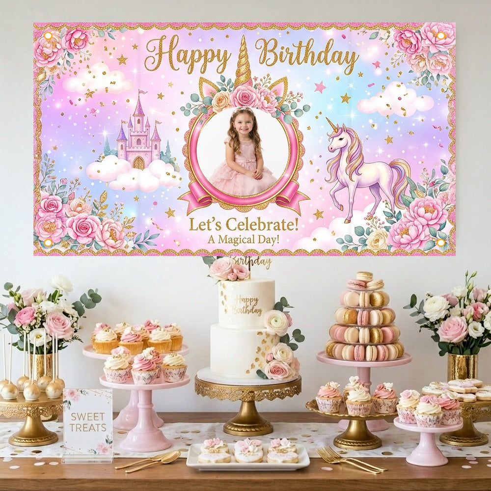 Custom Photo Birthday Banner, Personalized Picture Frame Sign, Magical Pink Rainbow Unicorn Happy Birthday Backdrop, Large 71"x43"