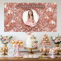 Custom Photo Birthday Banner, Personalized Picture Frame Sign, Rose Gold Balloons Glitter Happy Birthday Backdrop, Large 71"x43"