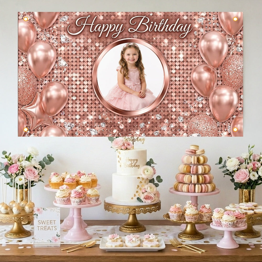 Custom Photo Birthday Banner, Personalized Picture Frame Sign, Rose Gold Balloons Glitter Happy Birthday Backdrop, Large 71"x43"