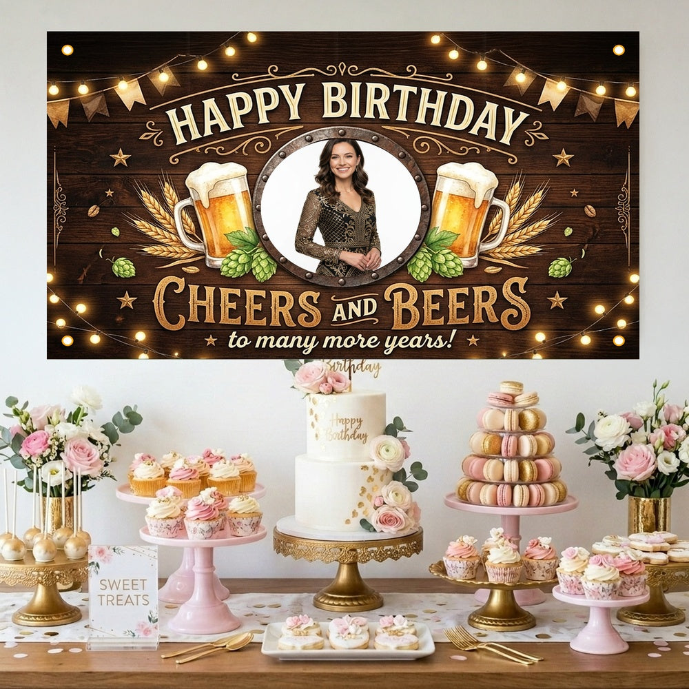 Custom Photo Birthday Banner, Personalized Picture Frame Sign, Black & Gold Cheers and Beers Happy Birthday Backdrop, Large 71"x43"