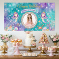 Custom Photo Birthday Banner, Personalized Picture Frame Sign, Blue Purple Ocean Mermaid Happy Birthday Backdrop, Large 71"x43"