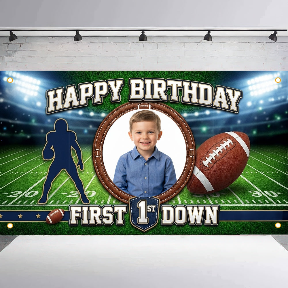 Custom Photo Birthday Banner, Personalized Picture Frame Sign, Green Field First Down Football Happy Birthday Backdrop, Large 71"x43"
