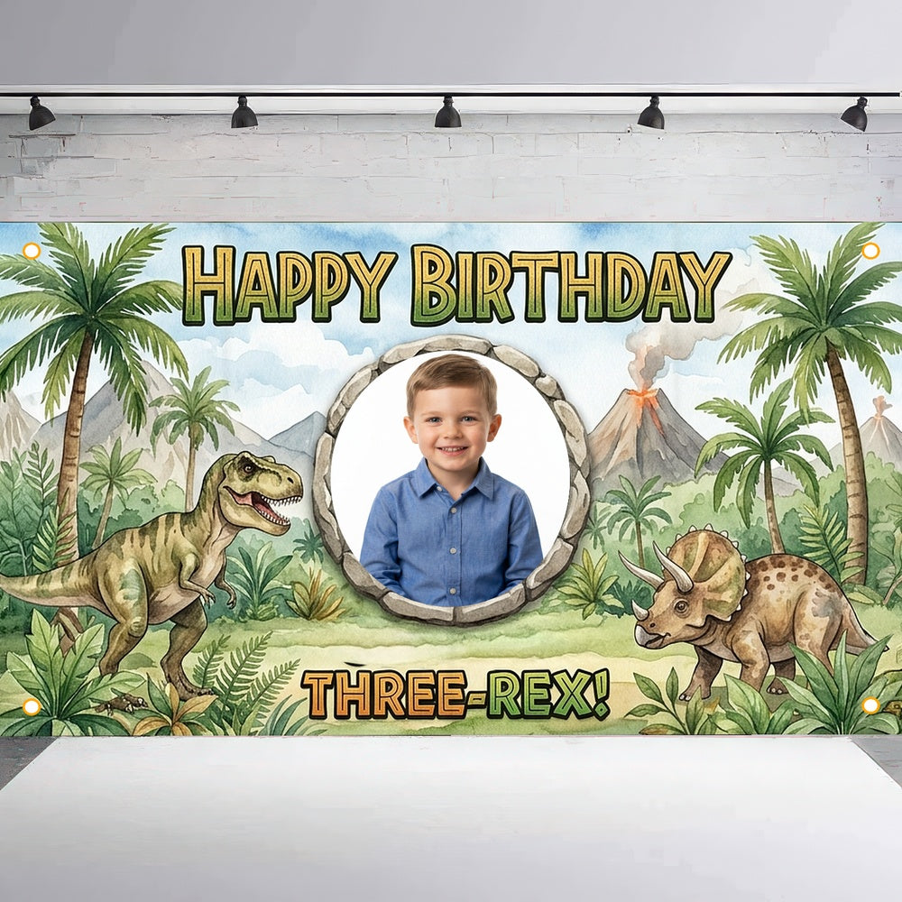 Custom Photo Birthday Banner, Personalized Picture Frame Sign, Green Jungle Dinosaur Three Rex 3rd Happy Birthday Backdrop, Large 71"x43"