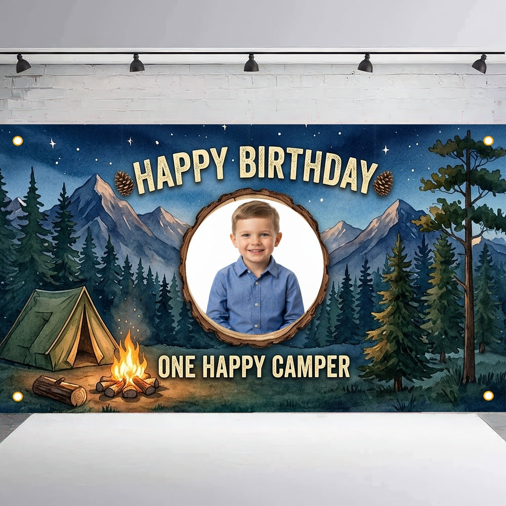 Custom Photo Birthday Banner, Personalized Picture Frame Sign, Starry Night Forest Camping Happy Birthday Backdrop, Large 71"x43"