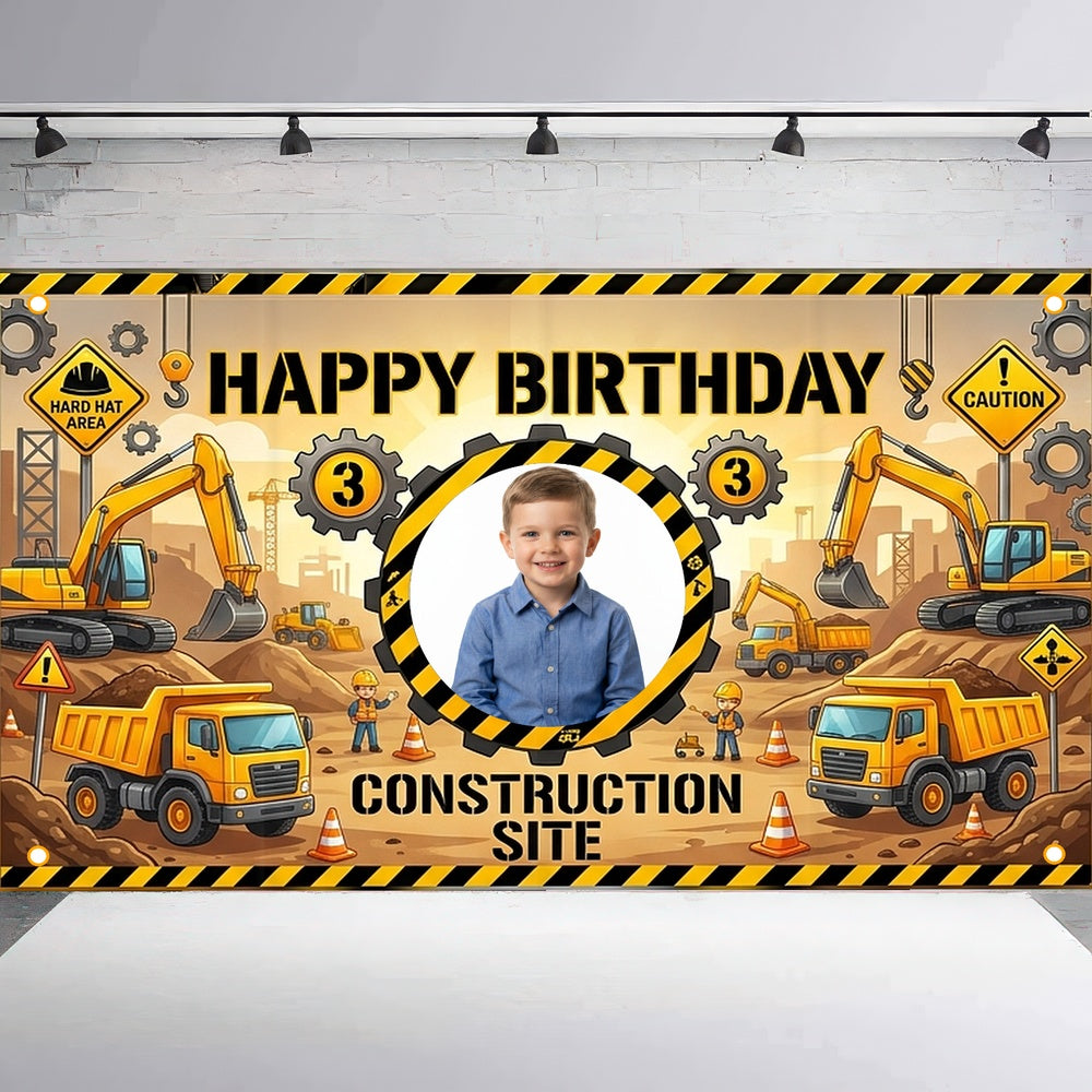 Custom Photo Birthday Banner, Personalized Picture Frame Sign, Yellow & Black Construction Truck Happy Birthday Backdrop, Large 71"x43"