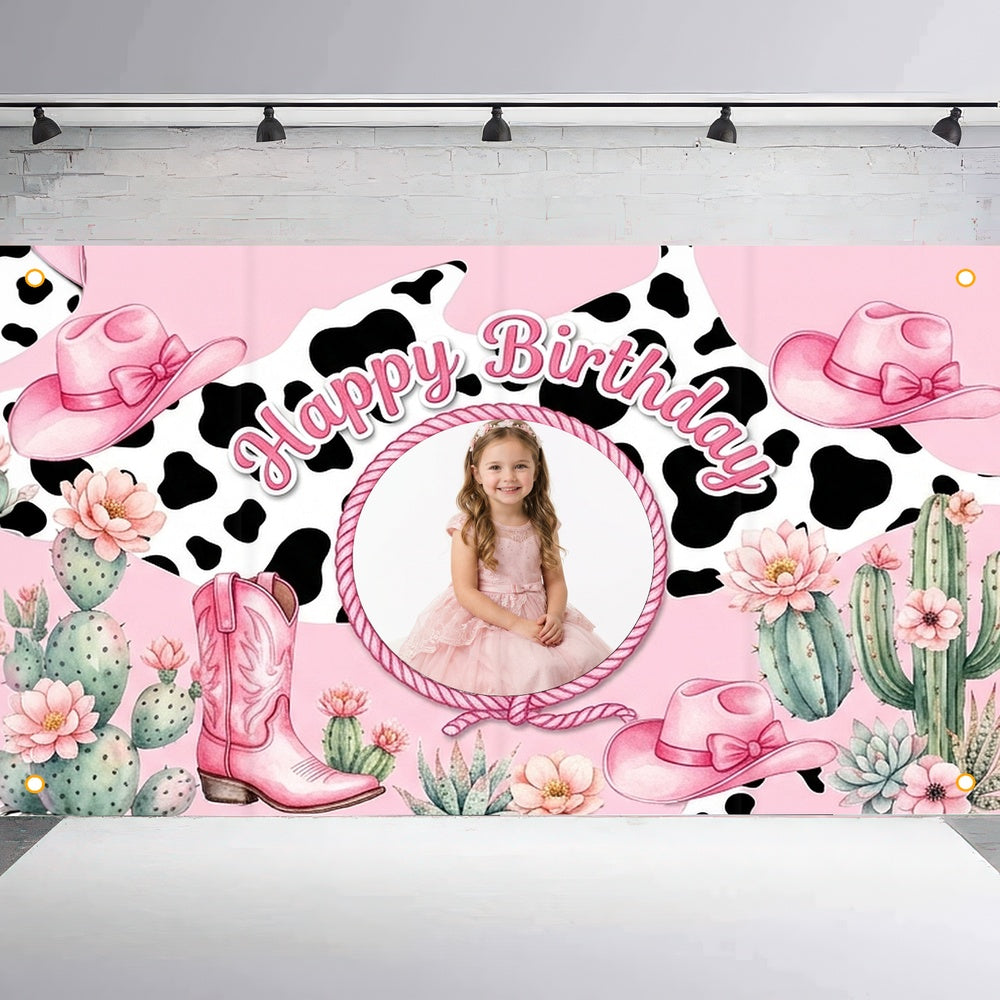 Custom Photo Birthday Banner, Personalized Picture Frame Sign, Pink Western Cowgirl Happy Birthday Backdrop, Large 71"x43"