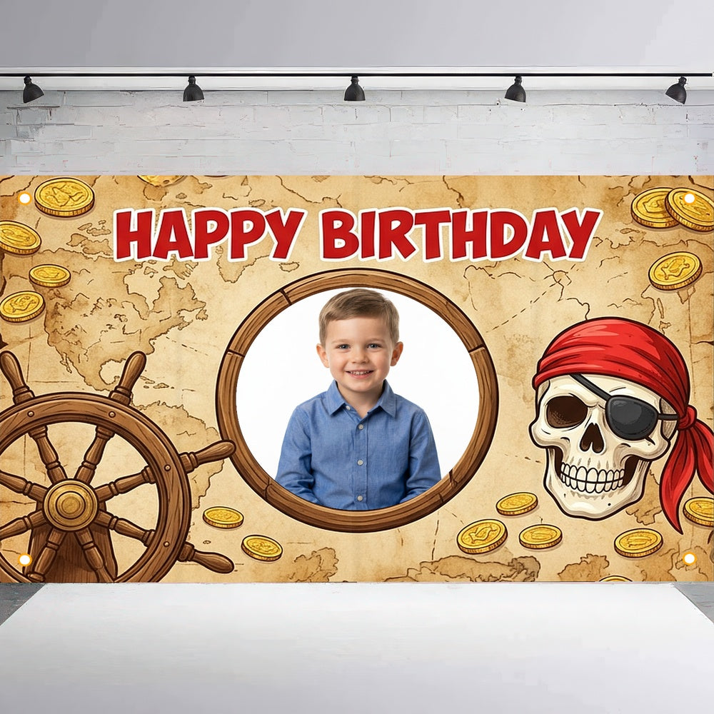 Custom Photo Birthday Banner, Personalized Picture Frame Sign, Vintage Treasure Map Pirate Happy Birthday Backdrop, Large 71"x43"