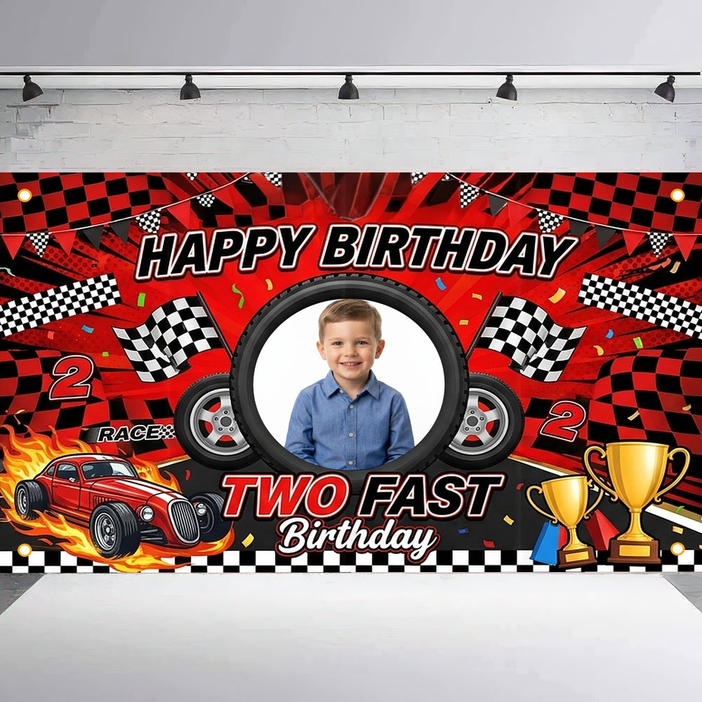 Custom Photo Birthday Banner, Personalized Picture Frame Sign, Red & Black Two Fast Racing Car Happy Birthday Backdrop, Large 71"x43"