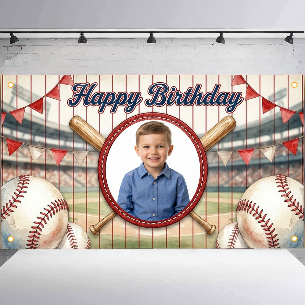 Custom Photo Birthday Banner, Personalized Picture Frame Sign, Red White & Blue Baseball Happy Birthday Backdrop, Large 71"x43"