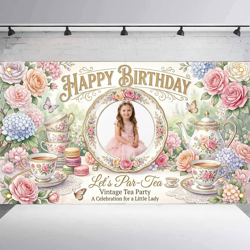 Custom Photo Birthday Banner, Personalized Picture Frame Sign, Vintage Floral Tea Party Happy Birthday Backdrop, Large 71"x43"