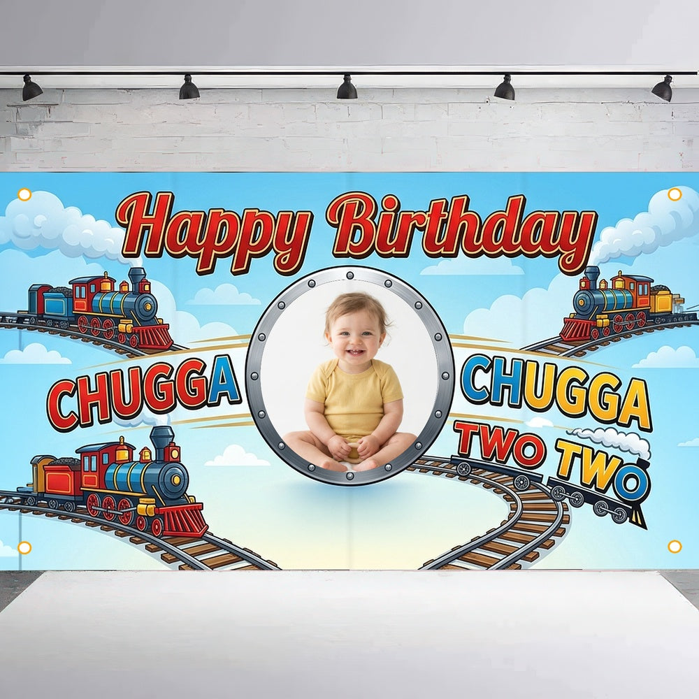 Custom Photo Birthday Banner, Personalized Picture Frame Sign, Blue Chugga Chugga Two Two Train Happy Birthday Backdrop, Large 71"x43"