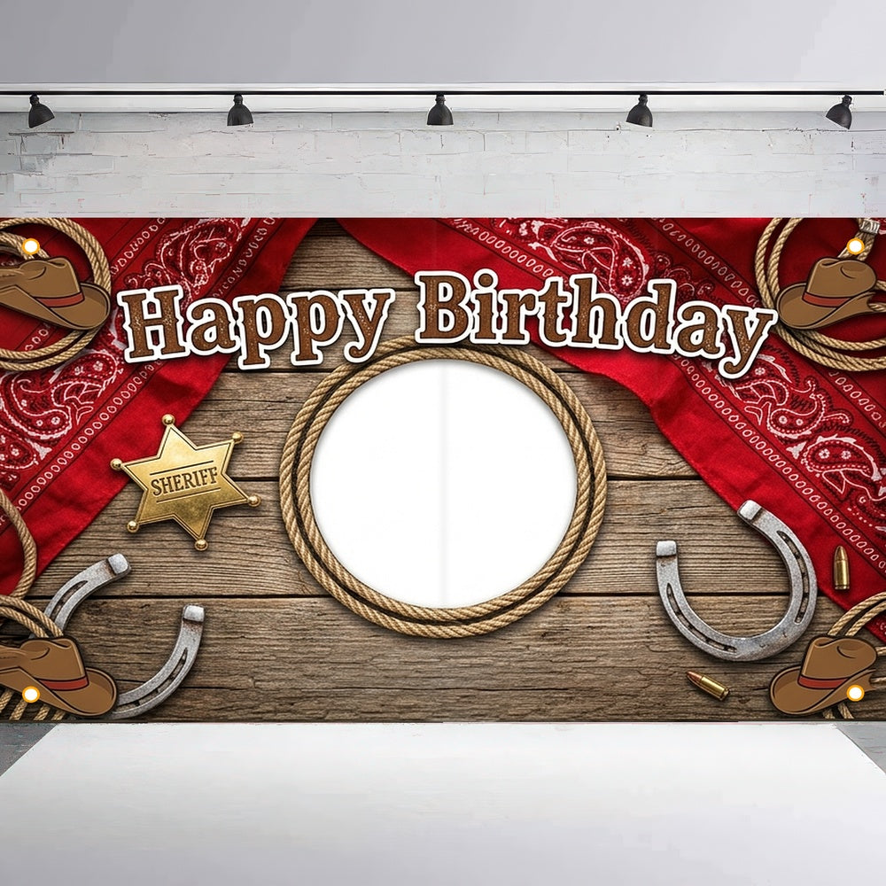Custom Photo Birthday Banner, Personalized Picture Frame Sign, Vintage Rustic Wood Western Cowboy Happy Birthday Backdrop, Large 71"x43"