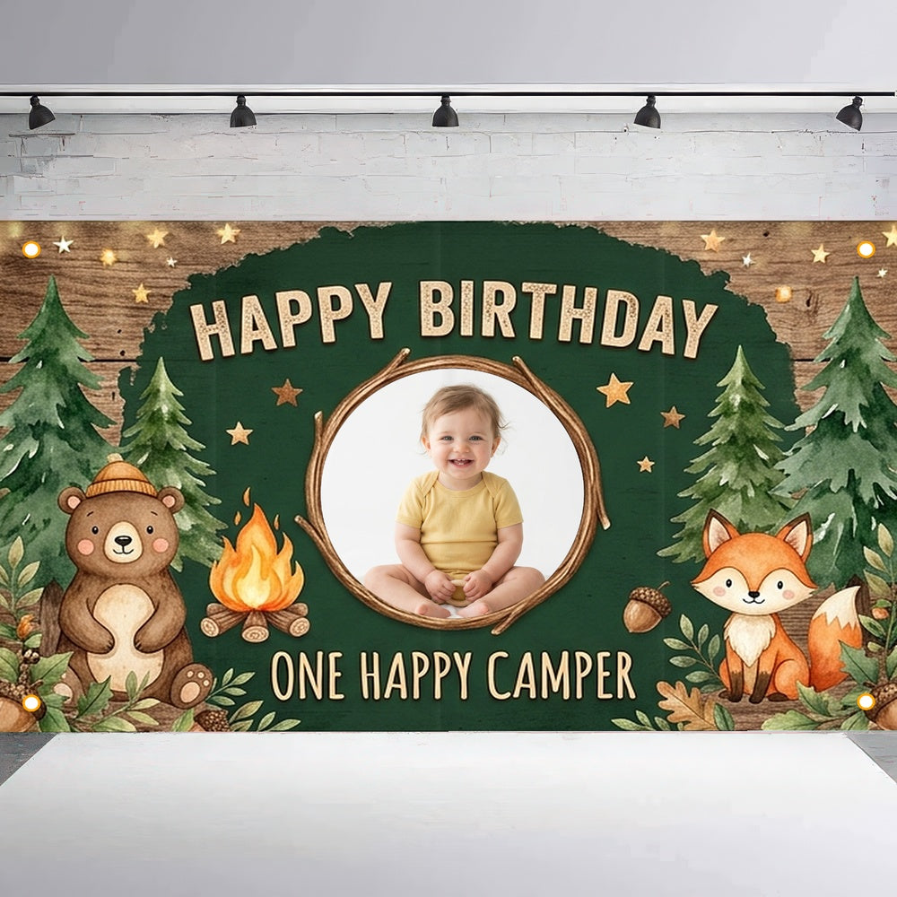 Custom Photo Birthday Banner, Personalized Picture Frame Sign, Forest One Happy Camper 1st Happy Birthday Backdrop, Large 71"x43"