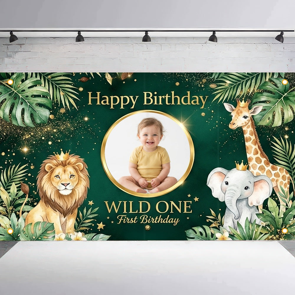 Custom Photo Birthday Banner, Personalized Picture Frame Sign, Green Jungle Safari Wild One 1st Happy Birthday Backdrop, Large 71"x43"