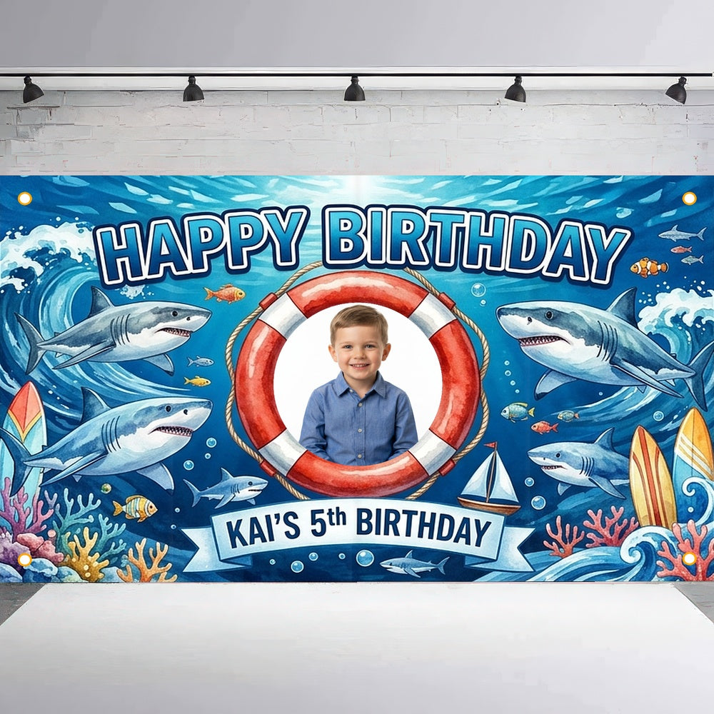 Custom Photo Birthday Banner, Personalized Picture Frame Sign, Blue Ocean Shark Happy Birthday Backdrop, Large 71"x43"