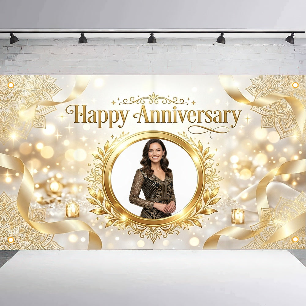 Custom Photo Anniversary Banner, Personalized Picture Frame Sign, Elegant White & Gold Happy Anniversary Backdrop, Large 71"x43"