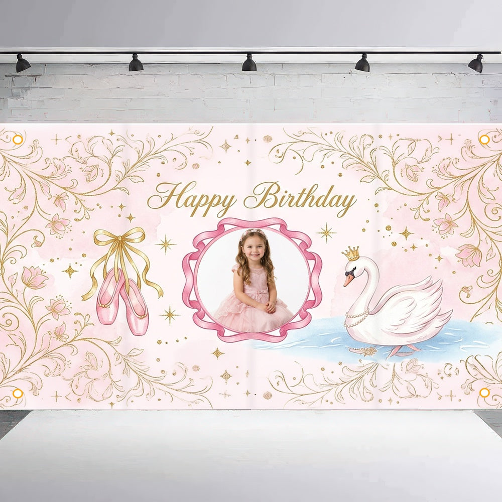 Custom Photo Birthday Banner, Personalized Picture Frame Sign, Elegant Pink Swan Princess Birthday Backdrop, Large 71"x43"