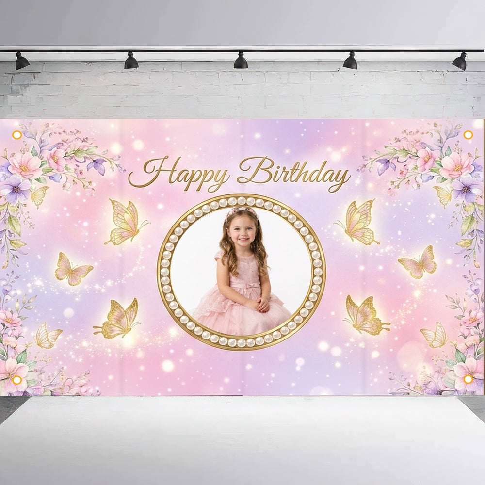 Custom Photo Birthday Banner, Personalized Picture Frame Sign, Pink Purple Butterfly Floral Happy Birthday Backdrop, Large 71"x43"
