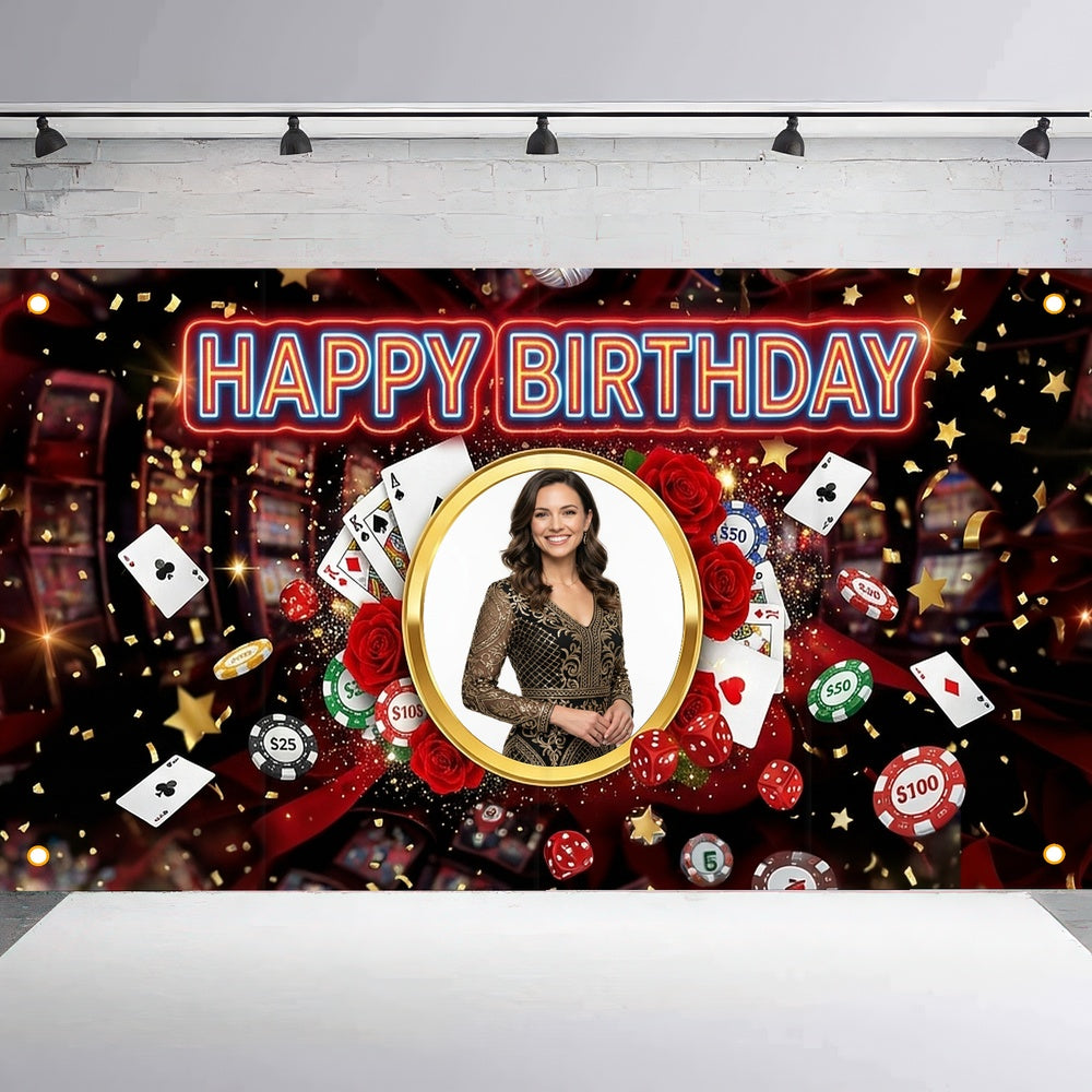 Custom Photo Birthday Banner, Personalized Picture Frame Sign, Red & Black Casino Poker Happy Birthday Backdrop, Large 71"x43"