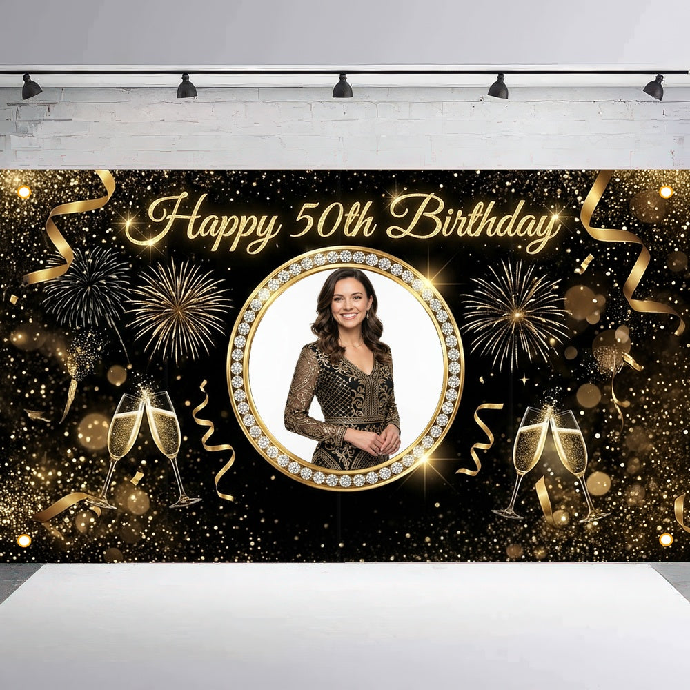 Custom Photo Birthday Banner, Personalized Picture Frame Sign, Elegant Black & Gold 50th Happy Birthday Backdrop, Large 71"x43"