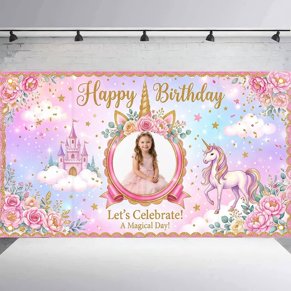 Custom Photo Birthday Banner, Personalized Picture Frame Sign, Magical Pink Rainbow Unicorn Happy Birthday Backdrop, Large 71"x43"