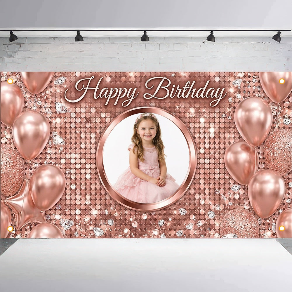Custom Photo Birthday Banner, Personalized Picture Frame Sign, Rose Gold Balloons Glitter Happy Birthday Backdrop, Large 71"x43"