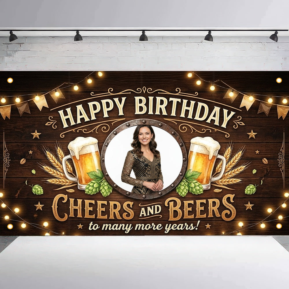 Custom Photo Birthday Banner, Personalized Picture Frame Sign, Black & Gold Cheers and Beers Happy Birthday Backdrop, Large 71"x43"