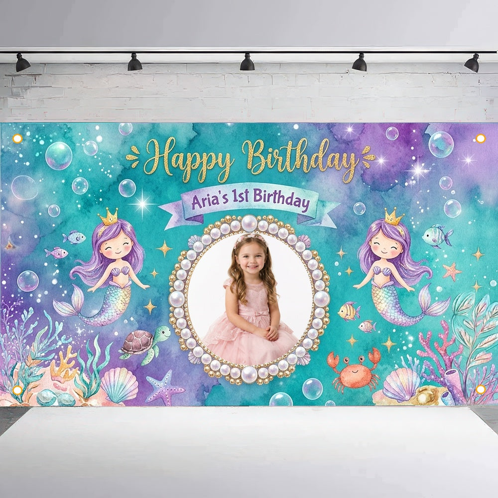 Custom Photo Birthday Banner, Personalized Picture Frame Sign, Blue Purple Ocean Mermaid Happy Birthday Backdrop, Large 71"x43"