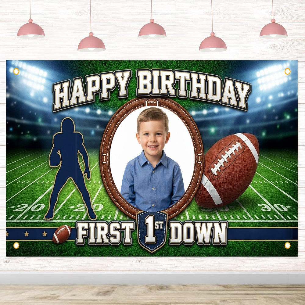 Custom Photo Birthday Banner, Personalized Picture Frame Sign, Green Field First Down Football Happy Birthday Backdrop, Large 71"x43"