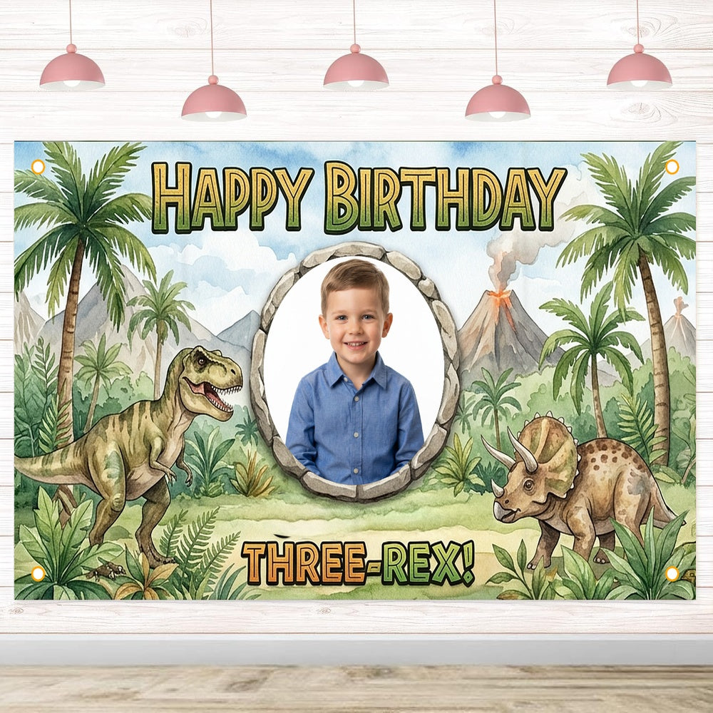 Custom Photo Birthday Banner, Personalized Picture Frame Sign, Green Jungle Dinosaur Three Rex 3rd Happy Birthday Backdrop, Large 71"x43"