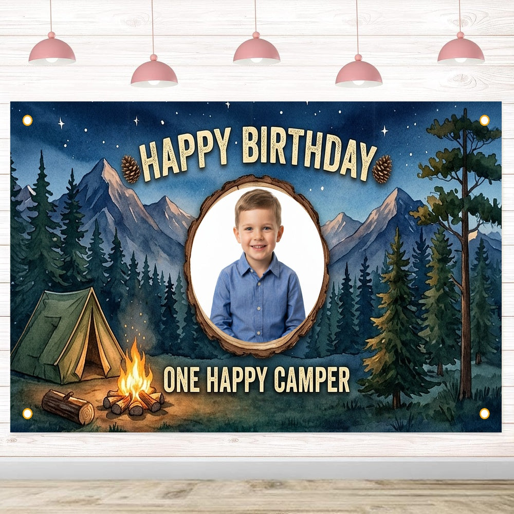 Custom Photo Birthday Banner, Personalized Picture Frame Sign, Starry Night Forest Camping Happy Birthday Backdrop, Large 71"x43"