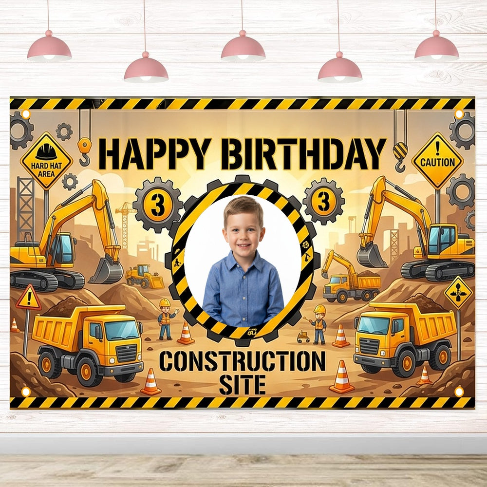 Custom Photo Birthday Banner, Personalized Picture Frame Sign, Yellow & Black Construction Truck Happy Birthday Backdrop, Large 71"x43"