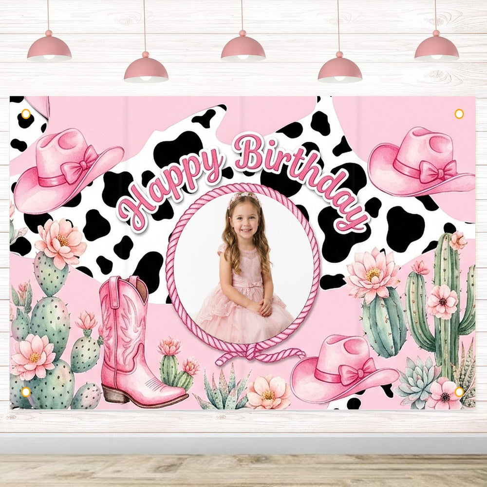 Custom Photo Birthday Banner, Personalized Picture Frame Sign, Pink Western Cowgirl Happy Birthday Backdrop, Large 71"x43"