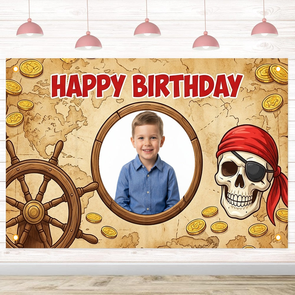 Custom Photo Birthday Banner, Personalized Picture Frame Sign, Vintage Treasure Map Pirate Happy Birthday Backdrop, Large 71"x43"