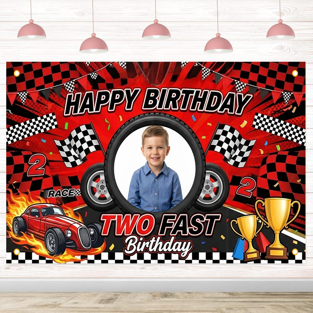 Custom Photo Birthday Banner, Personalized Picture Frame Sign, Red & Black Two Fast Racing Car Happy Birthday Backdrop, Large 71"x43"