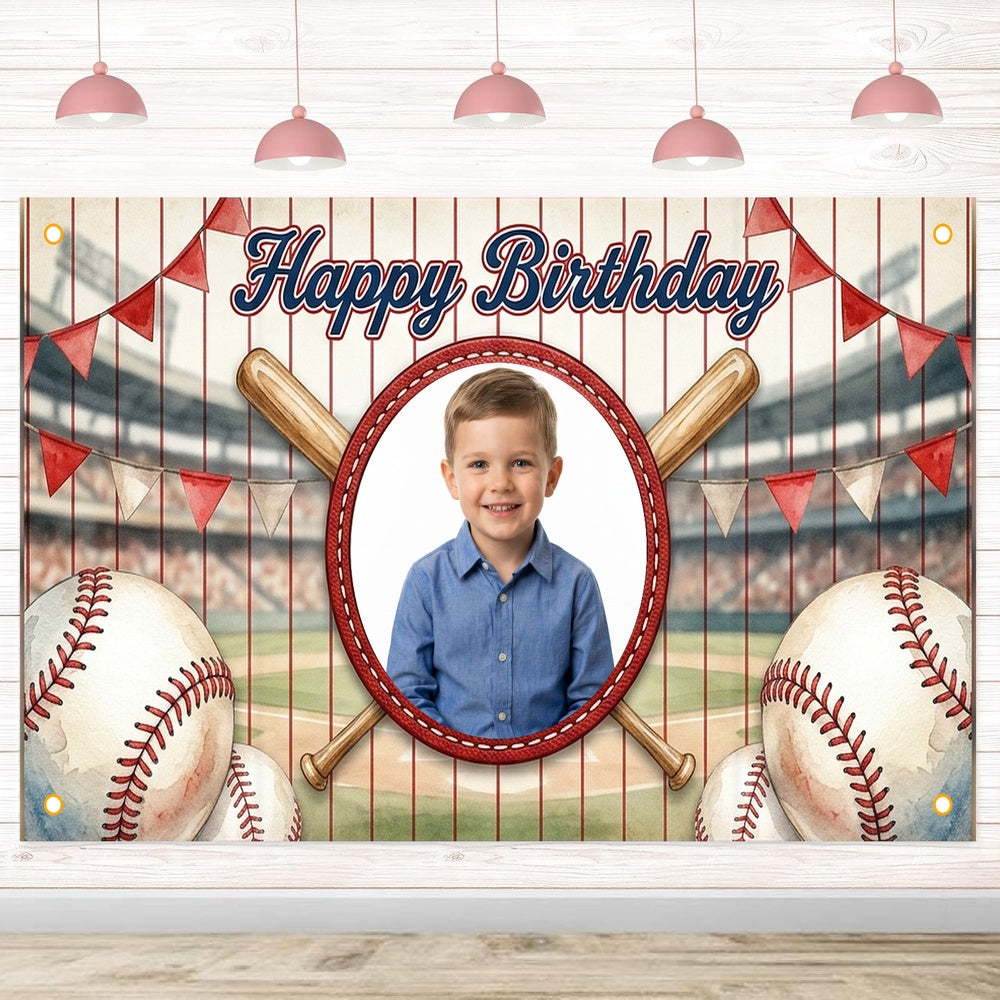 Custom Photo Birthday Banner, Personalized Picture Frame Sign, Red White & Blue Baseball Happy Birthday Backdrop, Large 71"x43"