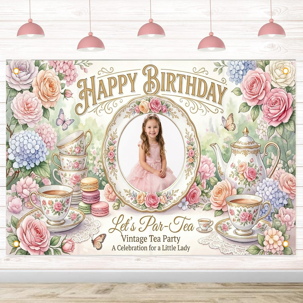Custom Photo Birthday Banner, Personalized Picture Frame Sign, Vintage Floral Tea Party Happy Birthday Backdrop, Large 71"x43"