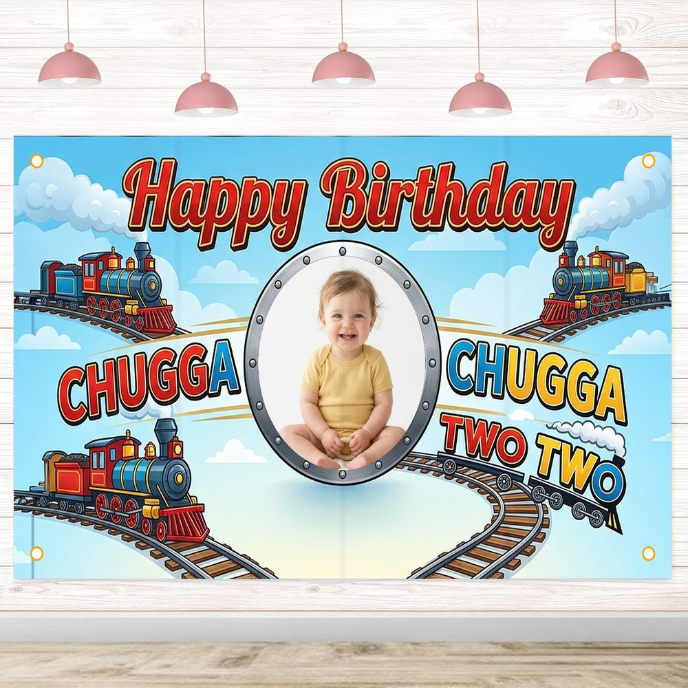 Custom Photo Birthday Banner, Personalized Picture Frame Sign, Blue Chugga Chugga Two Two Train Happy Birthday Backdrop, Large 71"x43"