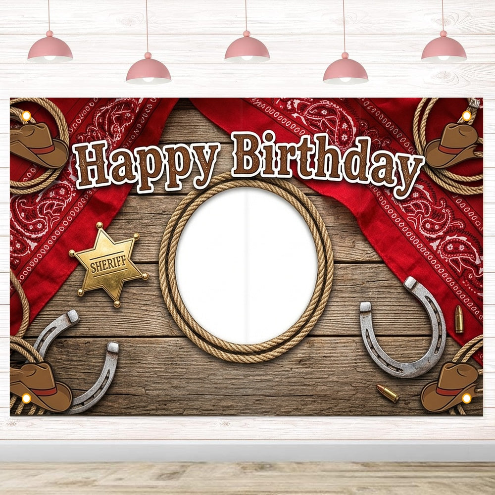 Custom Photo Birthday Banner, Personalized Picture Frame Sign, Vintage Rustic Wood Western Cowboy Happy Birthday Backdrop, Large 71"x43"