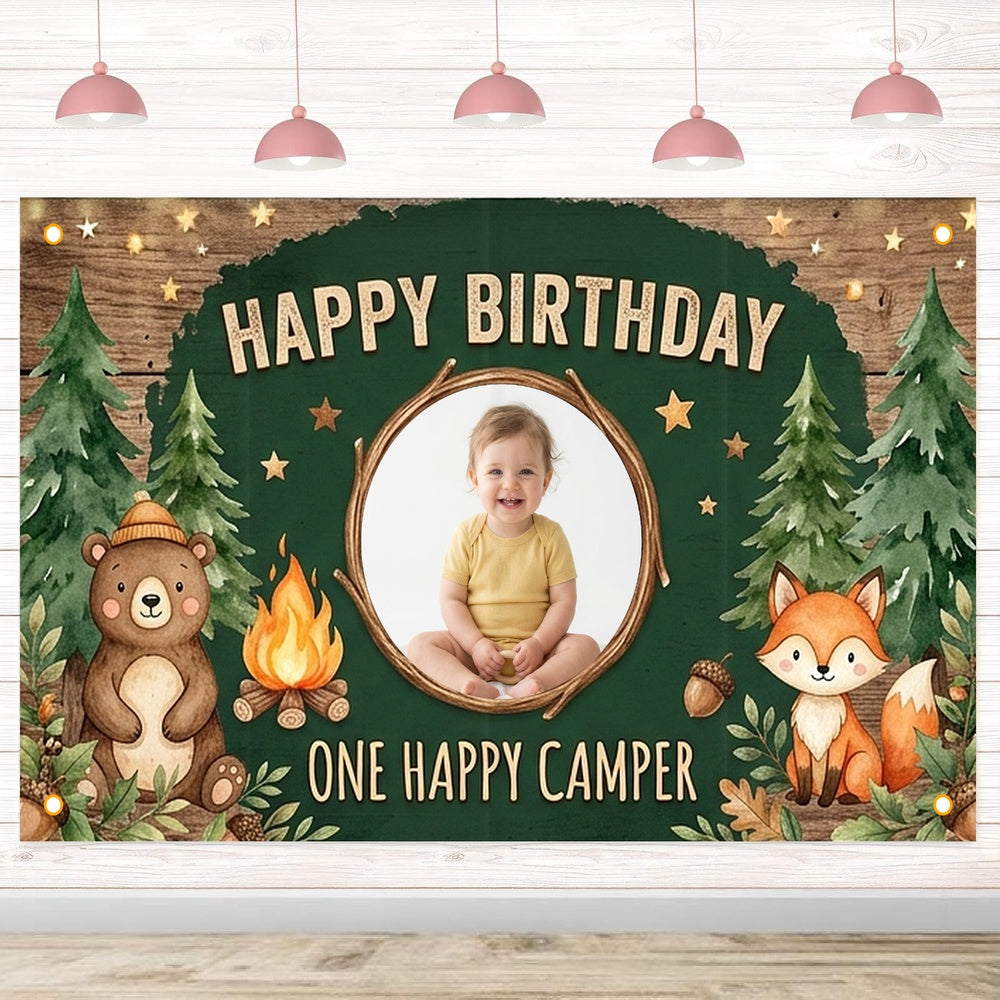Custom Photo Birthday Banner, Personalized Picture Frame Sign, Forest One Happy Camper 1st Happy Birthday Backdrop, Large 71"x43"