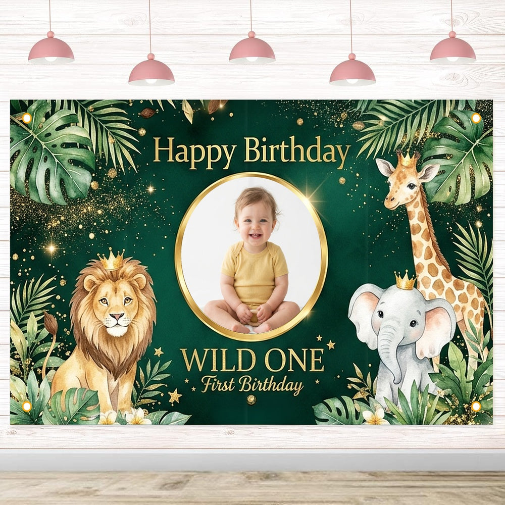 Custom Photo Birthday Banner, Personalized Picture Frame Sign, Green Jungle Safari Wild One 1st Happy Birthday Backdrop, Large 71"x43"
