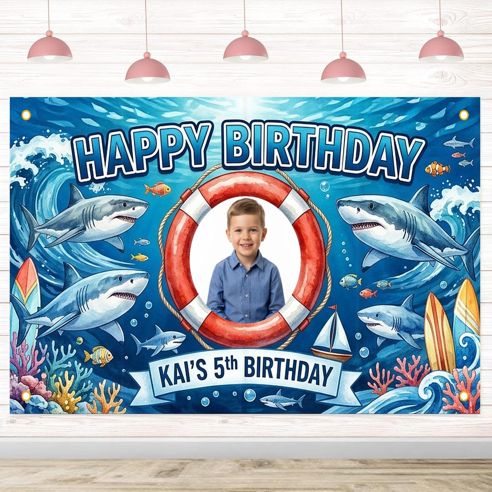 Custom Photo Birthday Banner, Personalized Picture Frame Sign, Blue Ocean Shark Happy Birthday Backdrop, Large 71"x43"
