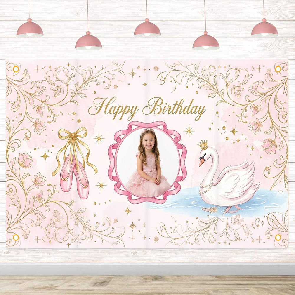 Custom Photo Birthday Banner, Personalized Picture Frame Sign, Elegant Pink Swan Princess Birthday Backdrop, Large 71"x43"