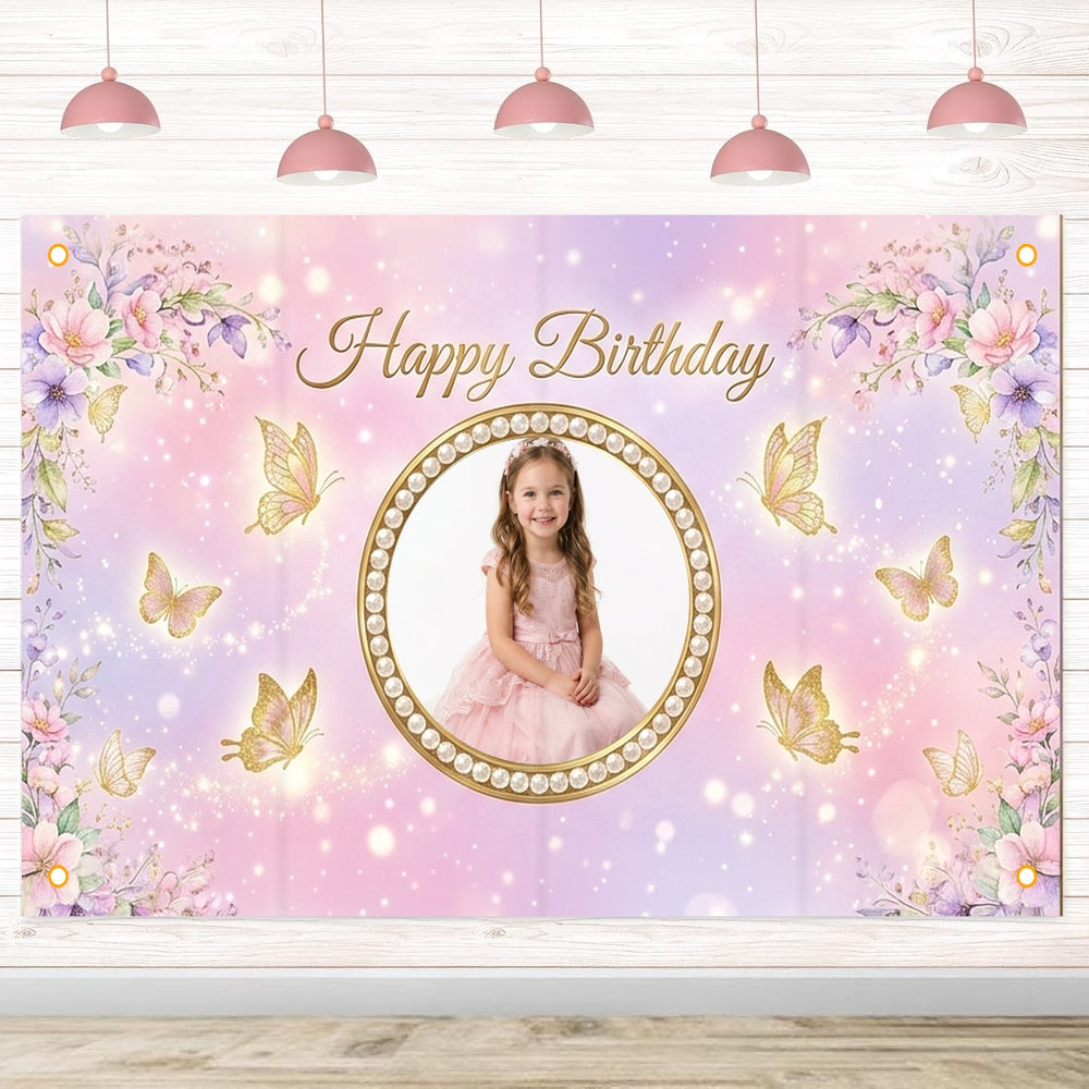 Custom Photo Birthday Banner, Personalized Picture Frame Sign, Pink Purple Butterfly Floral Happy Birthday Backdrop, Large 71"x43"