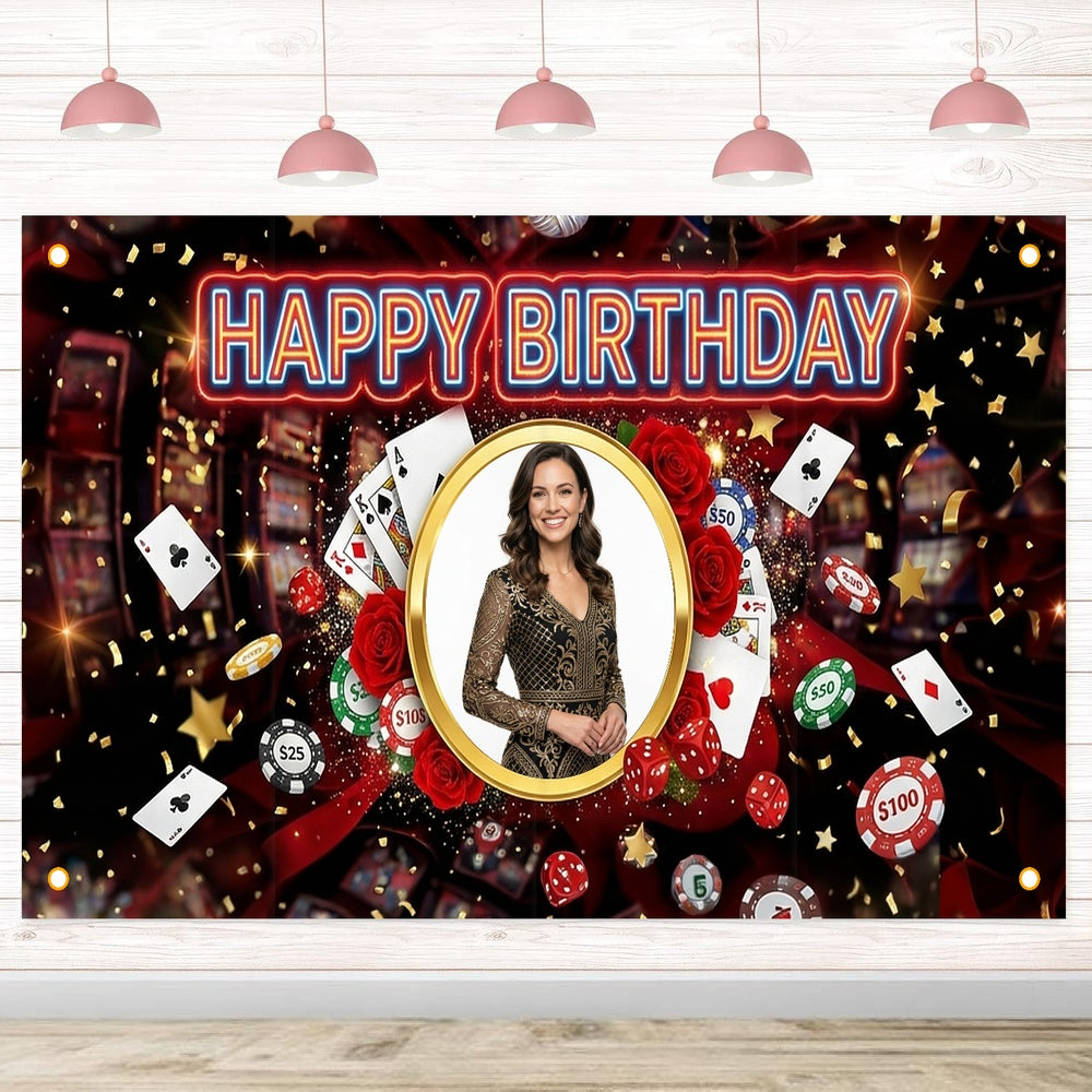 Custom Photo Birthday Banner, Personalized Picture Frame Sign, Red & Black Casino Poker Happy Birthday Backdrop, Large 71"x43"