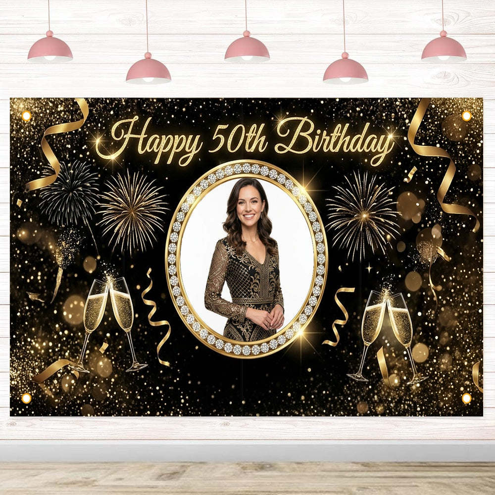 Custom Photo Birthday Banner, Personalized Picture Frame Sign, Elegant Black & Gold 50th Happy Birthday Backdrop, Large 71"x43"