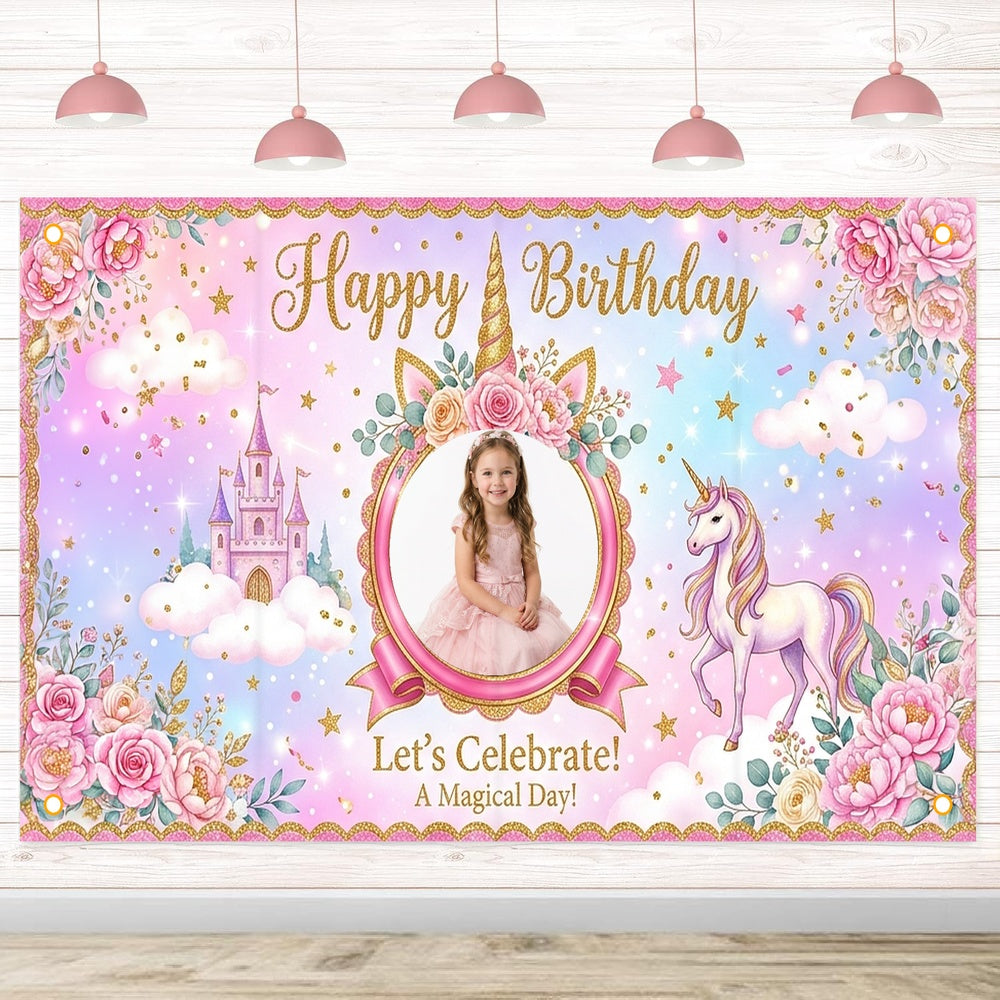Custom Photo Birthday Banner, Personalized Picture Frame Sign, Magical Pink Rainbow Unicorn Happy Birthday Backdrop, Large 71"x43"