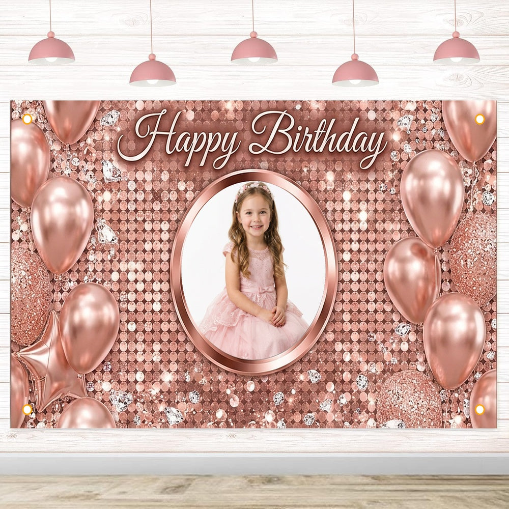 Custom Photo Birthday Banner, Personalized Picture Frame Sign, Rose Gold Balloons Glitter Happy Birthday Backdrop, Large 71"x43"