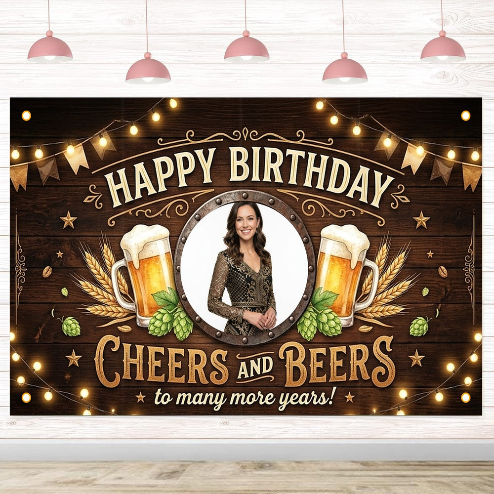 Custom Photo Birthday Banner, Personalized Picture Frame Sign, Black & Gold Cheers and Beers Happy Birthday Backdrop, Large 71"x43"